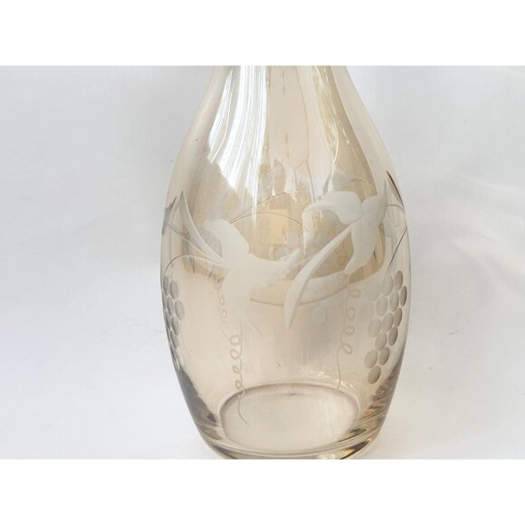 Etched Pale Yellow Glass Floral & Fruit Vintage Art Nouveau Oblique Glass Carafe - Picture 10 of 16